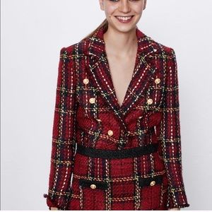 Zara Tweed plaid blazer with gold buttons